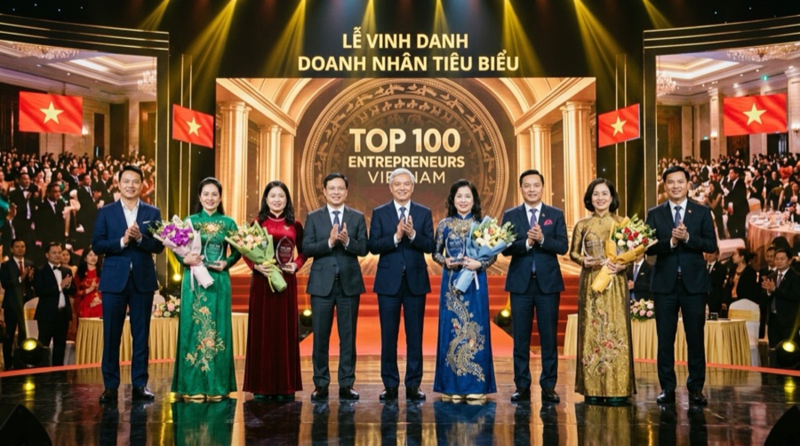 Các đại biểu và lãnh đạo doanh nghiệp trên sân khấu lễ vinh danh trang trọng