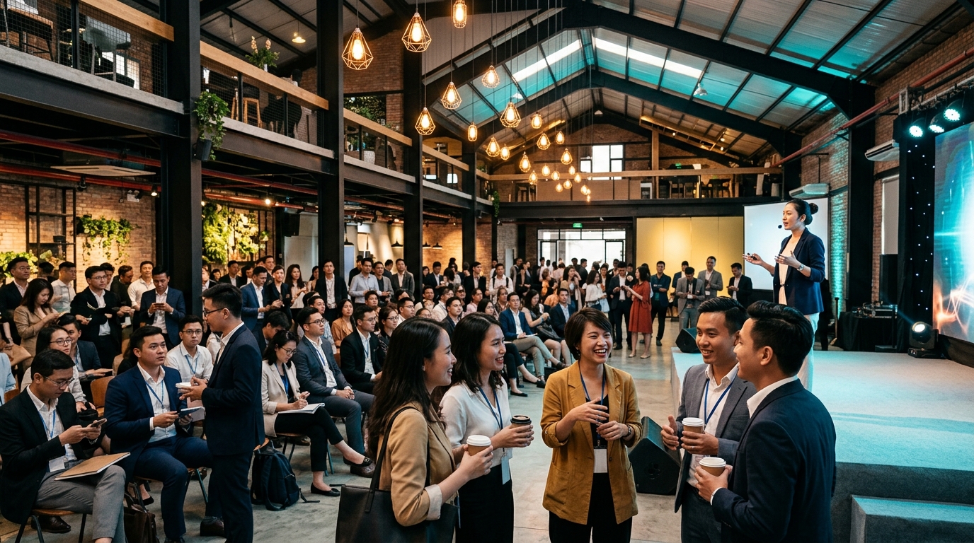 Không gian hội nghị thường niên doanh nghiệp hiện đại với khách mời giao lưu và trải nghiệm công nghệ