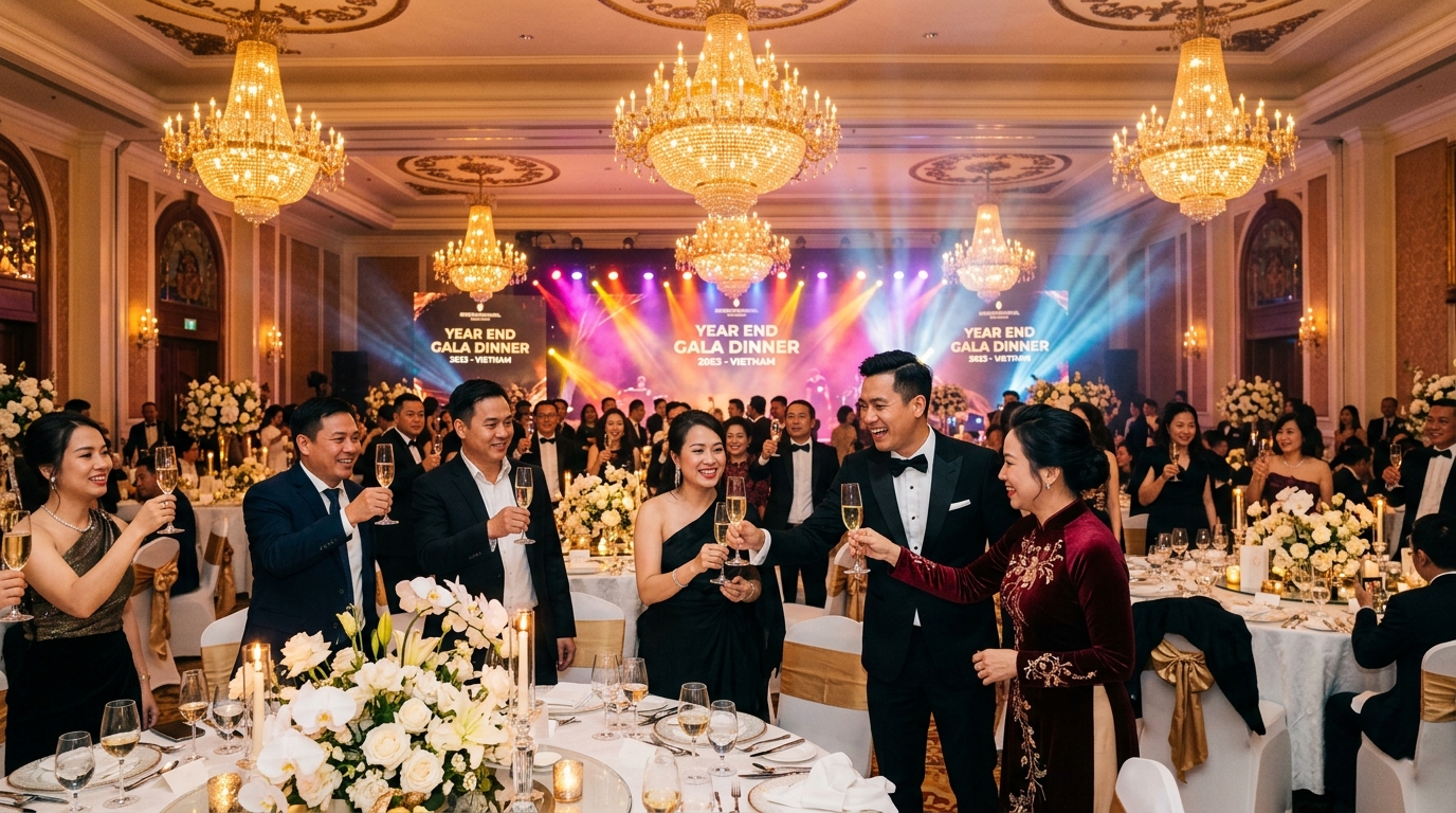 Ban lãnh đạo doanh nghiệp nâng ly chúc mừng và trao kỷ niệm chương cho các nhà phân phối tiêu biểu tại đêm Gala Dinner
