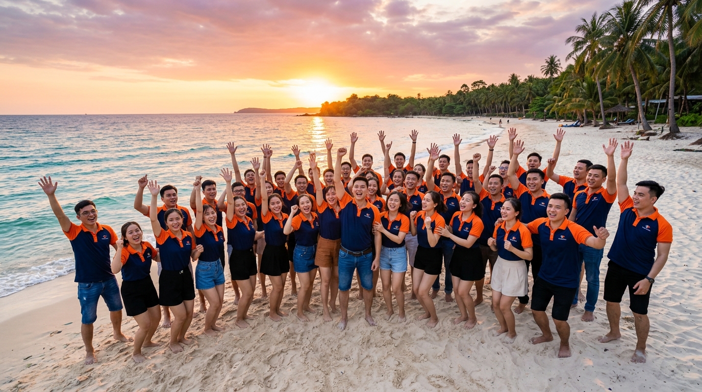 Hàng trăm nhân viên mặc áo đồng phục hào hứng tham gia trò chơi Team Building trên bãi biển trong kỳ Company Trip