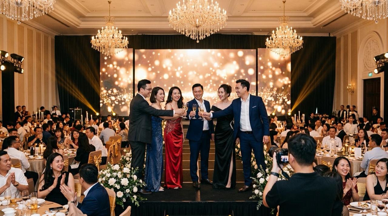 Toàn cảnh đêm tiệc tất niên Year End Party công ty sang trọng với ekip nhiếp ảnh chuyên nghiệp và khách mời nâng ly chúc mừng