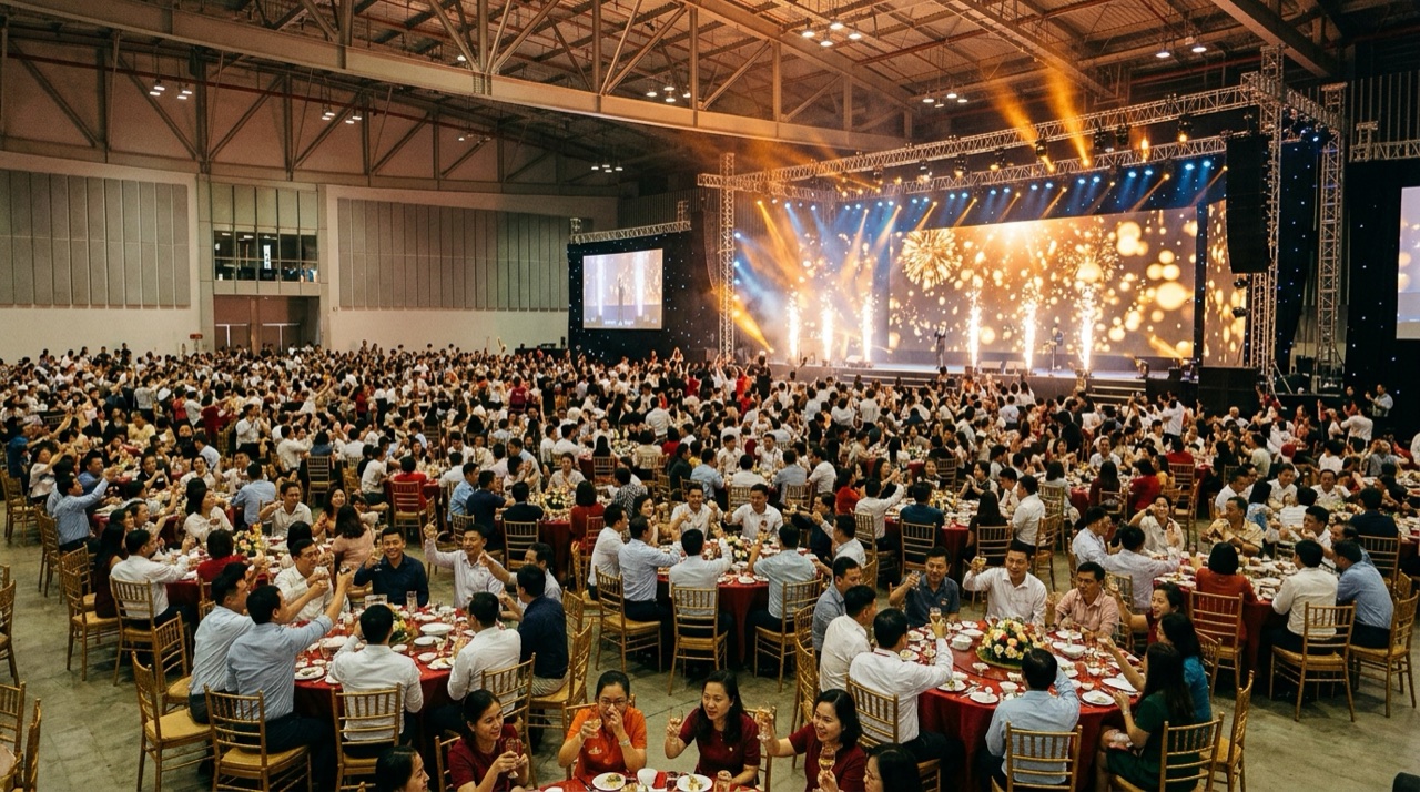 Hàng nghìn cán bộ công nhân viên nhà máy tập đoàn rạng rỡ chụp ảnh kỷ niệm tại đại tiệc tất niên cuối năm