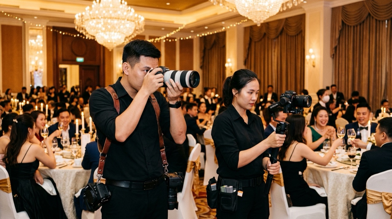 Ekip nhiếp ảnh gia và quay phim chuyên nghiệp tác nghiệp tại sự kiện tiệc tất niên Year End Party doanh nghiệp