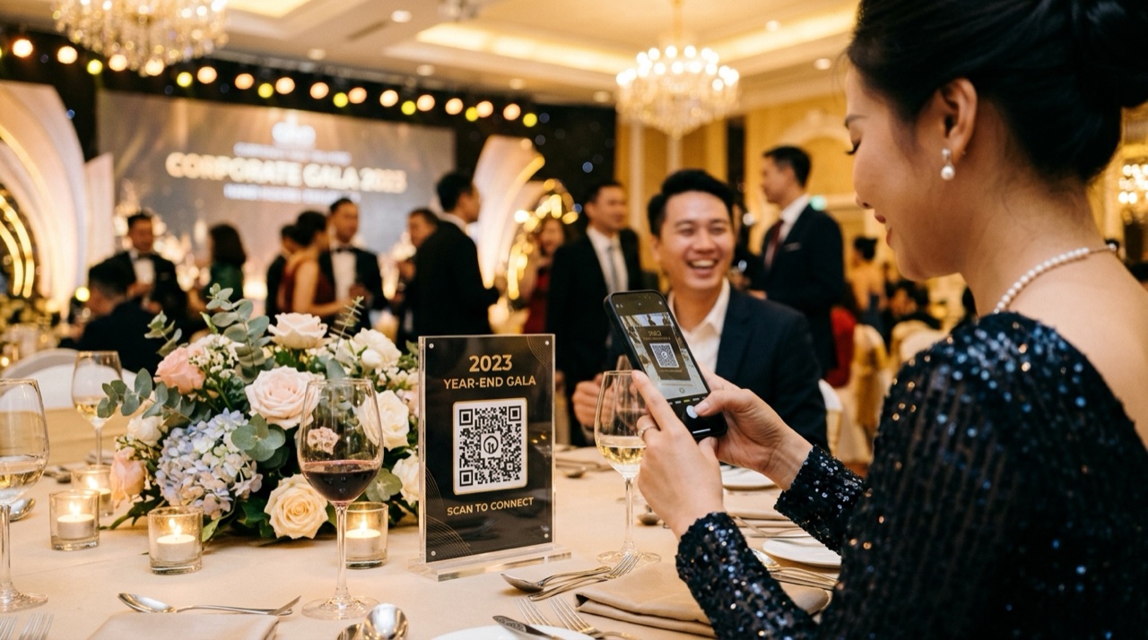 Tent card mica in mã QR nhận ảnh đặt trang trọng trên bàn tiệc tất niên công ty dưới ánh đèn ấm áp