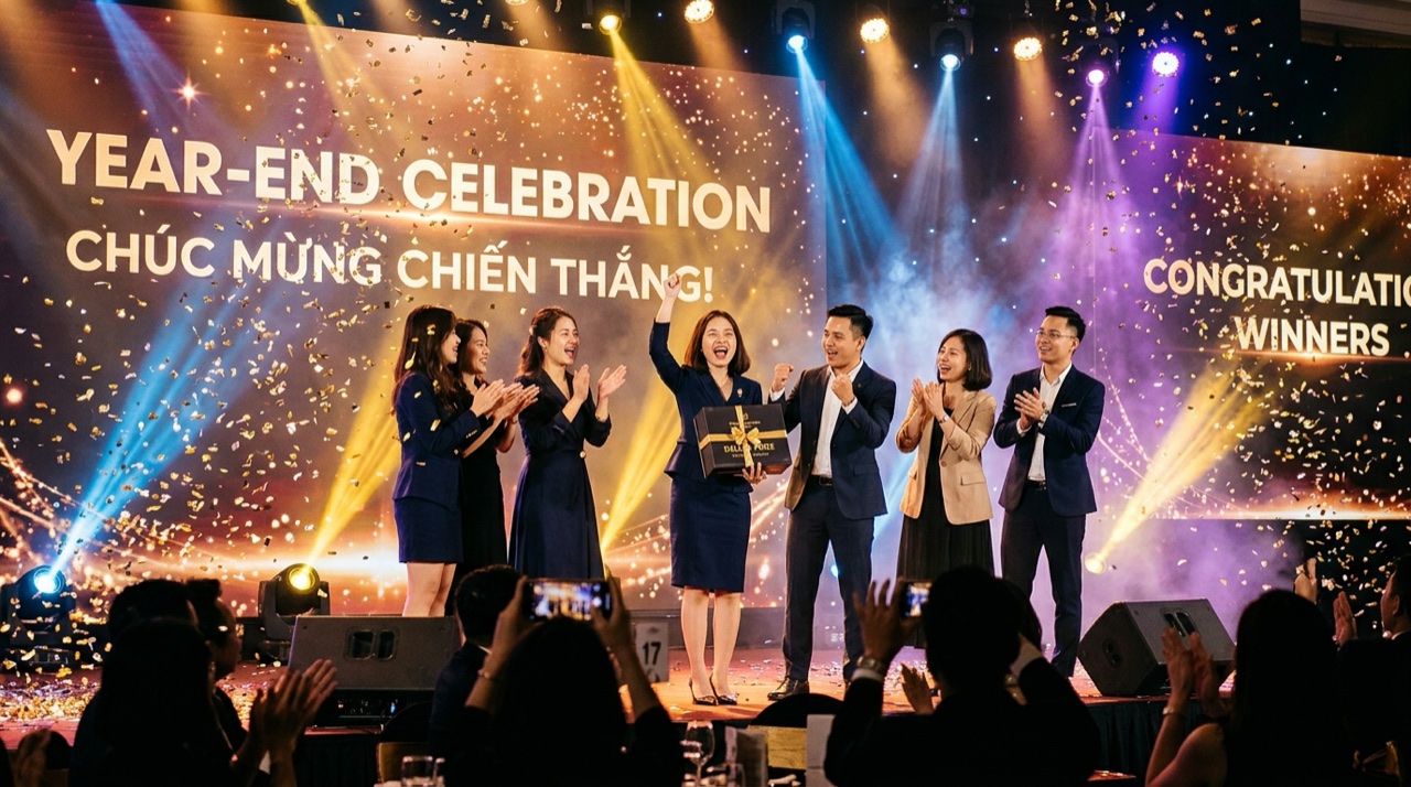 Nhân viên vỡ òa cảm xúc khi trúng giải đặc biệt Lucky Draw trên sân khấu đêm tiệc tất niên Year End Party