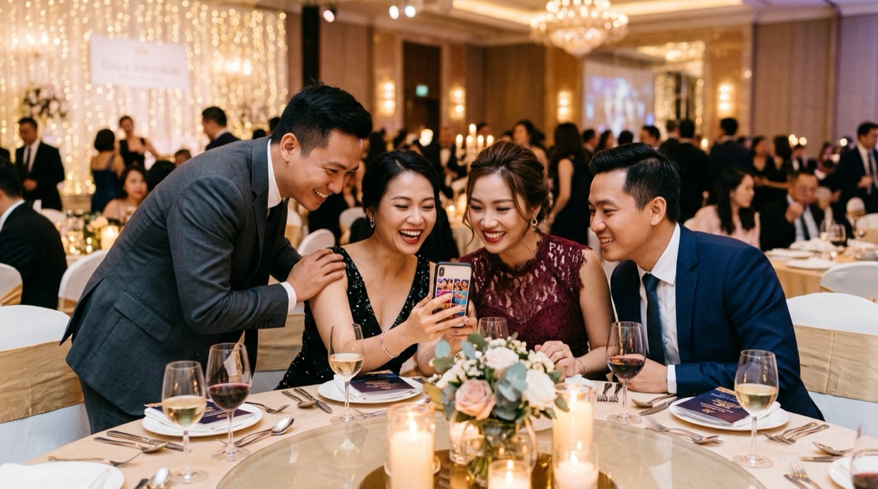 Tập thể nhân viên trẻ trung rạng rỡ chụp ảnh check-in tại sự kiện tiệc tất niên thể hiện văn hóa doanh nghiệp