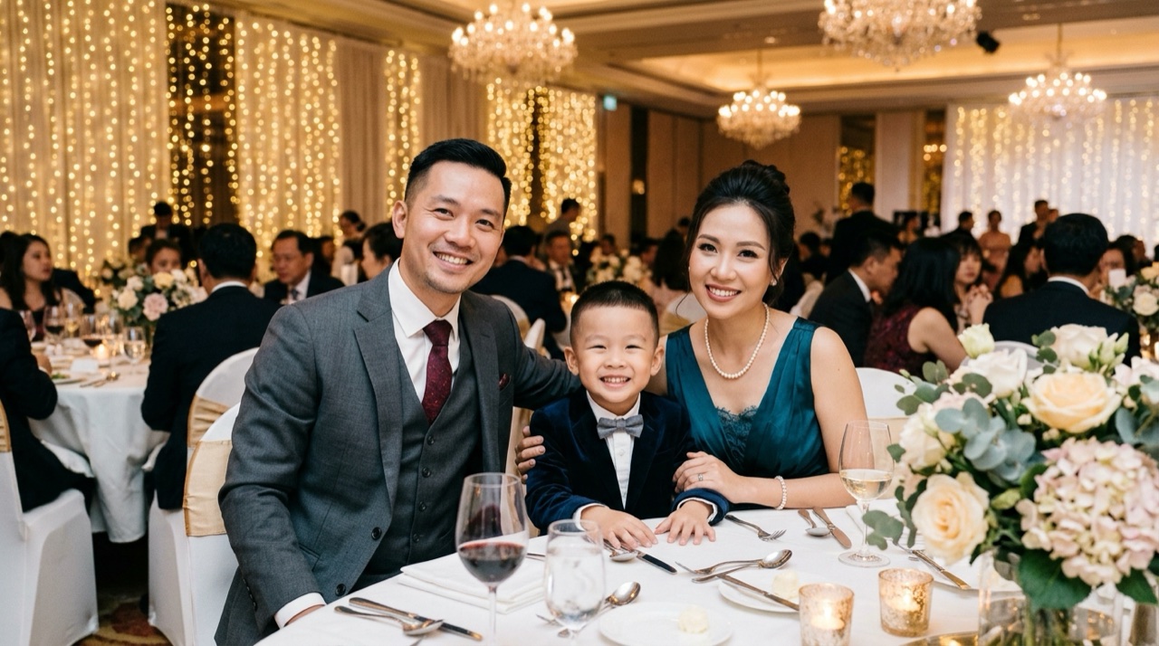 Gia đình nhân viên gồm ông bà bố mẹ và các con rạng rỡ chụp ảnh kỷ niệm tại đêm tiệc tất niên công ty