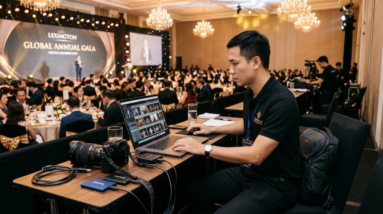 Nhiếp ảnh gia sự kiện chuyên nghiệp đang tác nghiệp và truyền file ảnh nhanh tại đêm Gala Dinner cuối năm