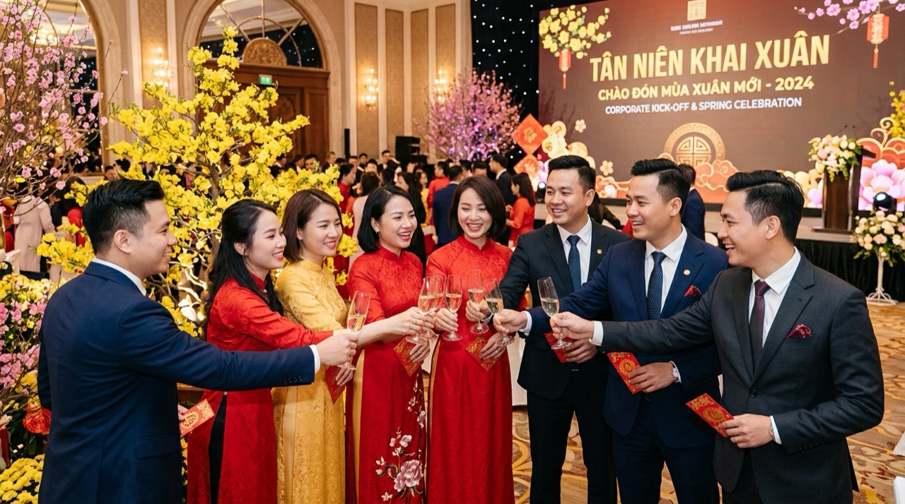 Ban lãnh đạo và toàn thể nhân viên nâng ly chúc mừng năm mới và trao phong bao lì xì trong lễ khai xuân doanh nghiệp
