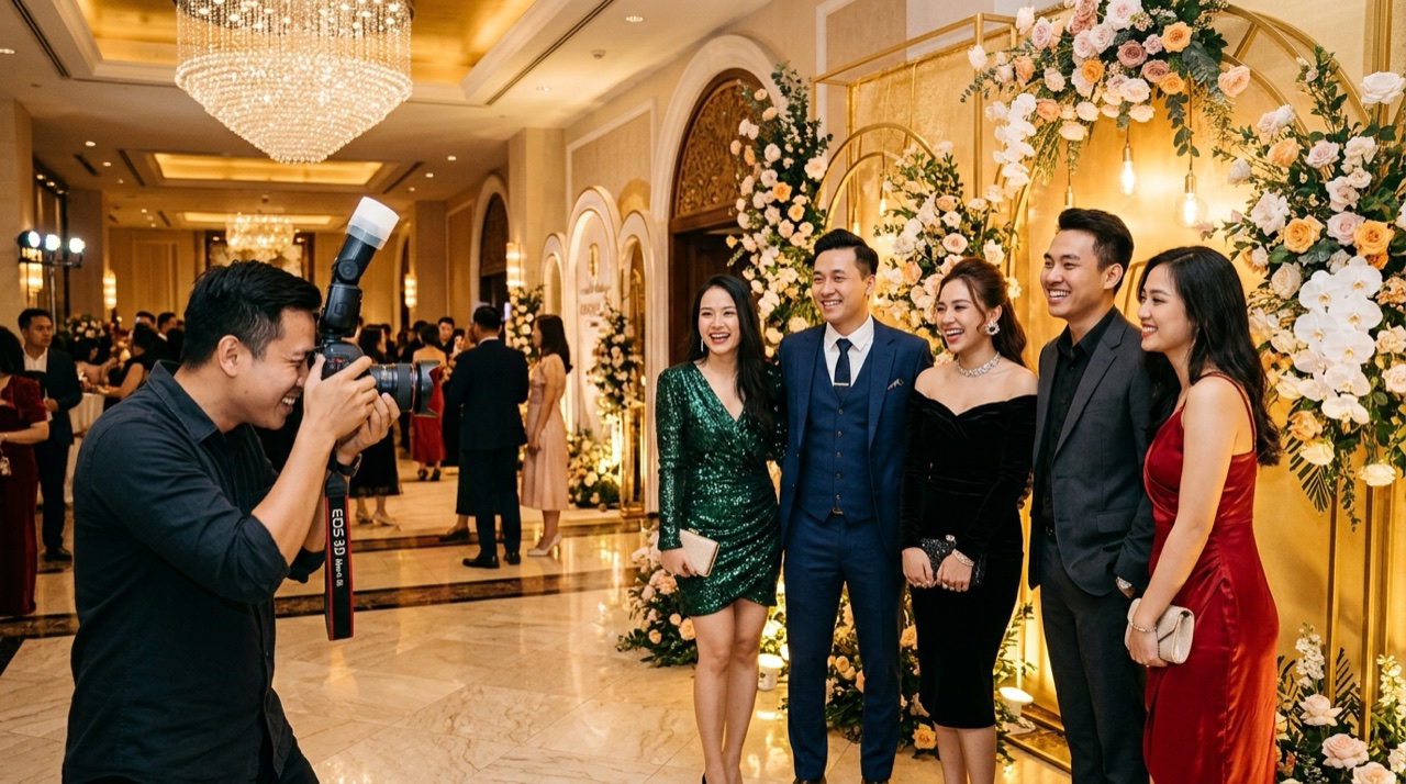 Khách mời và nhân viên chụp ảnh tại khu vực Backdrop Check-in thảm đỏ tiệc tất niên