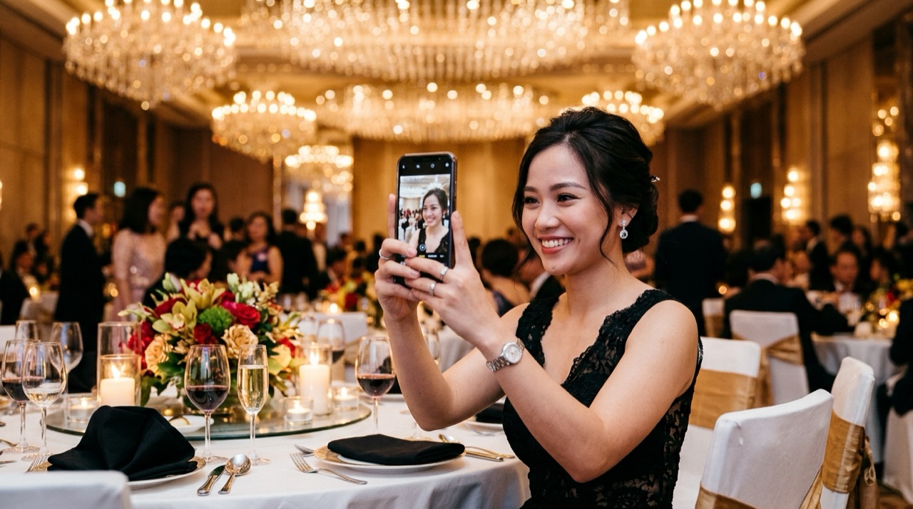 Nhân viên quét mã QR tại bàn tiệc và chụp selfie trên điện thoại để nhận ảnh AI tức thì