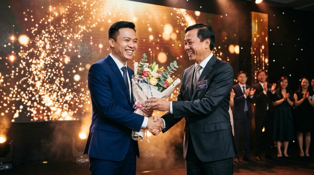 Khoảnh khắc trao cúp và vinh danh nhân viên xuất sắc trên sân khấu Gala cuối năm