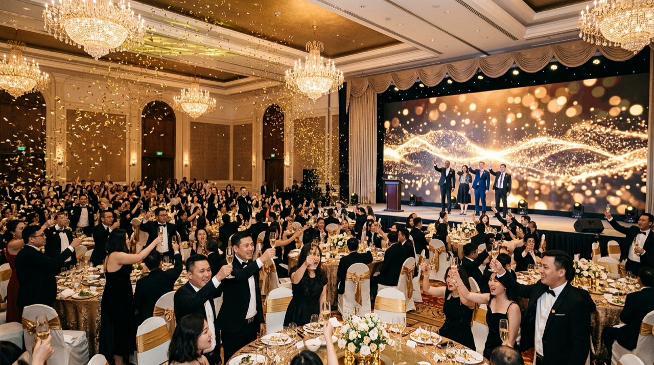 Toàn cảnh khán phòng Gala Dinner nâng ly chúc mừng năm mới dưới pháo giấy vàng