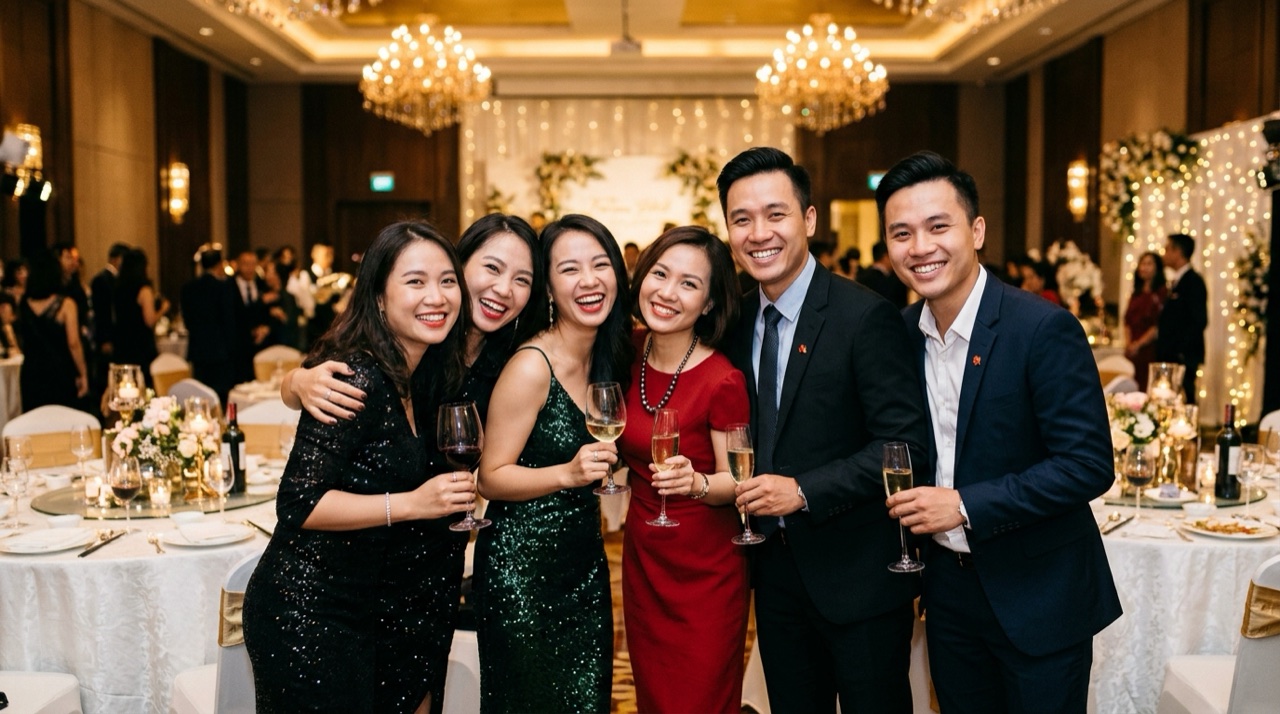 Tập thể phòng ban rạng rỡ chụp ảnh kỷ niệm trong đêm tiệc cuối năm công ty