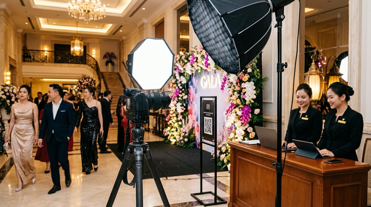 Ekip nhiếp ảnh gia và hệ thống đèn studio, standee mã QR tại sảnh đón khách sự kiện